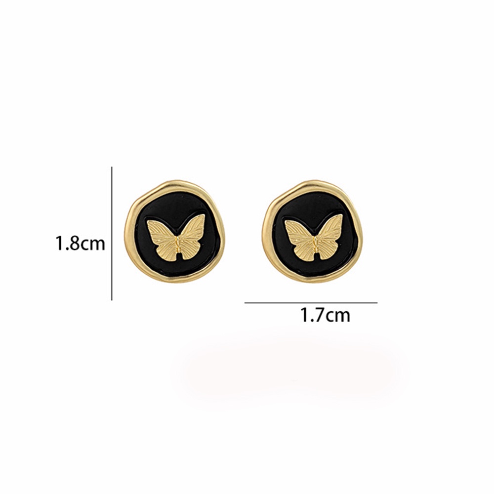 Anting Stud Enamel Bentuk Butterfly Bulat Warna Emas Hitam Gaya Vintage Korea Untuk Wanita