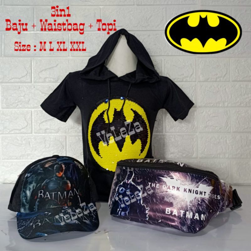 Kaos Hoodie anak karakter superhero 3in1 - kaos hoodiee + waist bag + topi