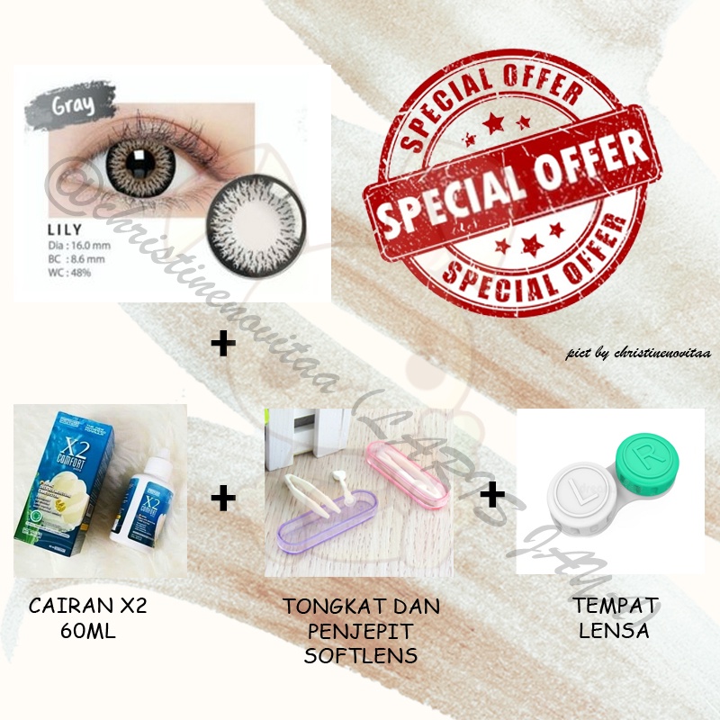 PAKET  SOFTLENS LILY BY IRIS LAB 16MM BIG EYES (NORMAL) + CAIRAN X2 60 ML + PENJEPIT / PINSET