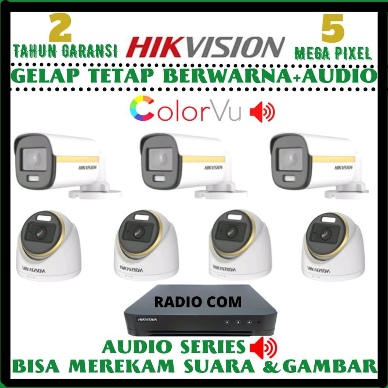 PAKET CCTV HIKVISION COLORVU 5MP 8 CHANNEL 7 KAMERA AUDIO FUL COLOR SIANG MALAM BERWARNA