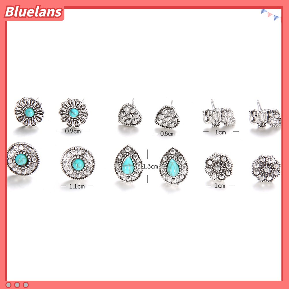 6 Pasang / Set Anting Stud Desain Gajah Hati Turquoise Gaya Boho Untuk Wanita