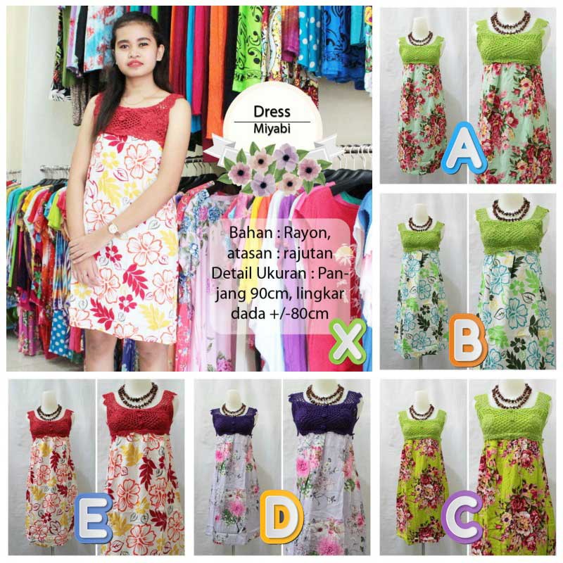 Dress Miyabi 4 Midi Rayon Bali Adem LD 80cm Baju Santai Oleh Oleh Khas Bali Kampung Souvenir