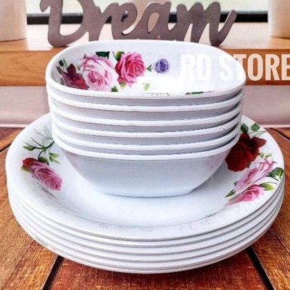 PROMO 12.PCS SET 6.PIRING 6.MANGKOK MELAMINE MOTIF ROSE