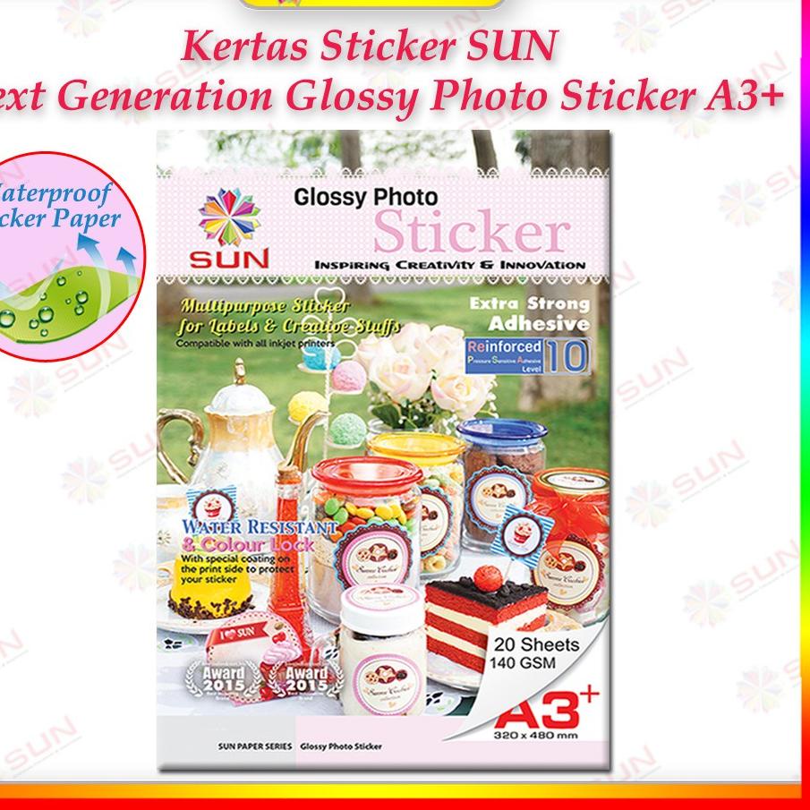 

New! Kertas Sticker A3+/A3 - SUN NG Glossy Photo Sticker 140 Gsm, Foto Glossy Sticker Support printer epson/canon/hp/brother ori (dye - 664, 003, 673, 001 ) ✓