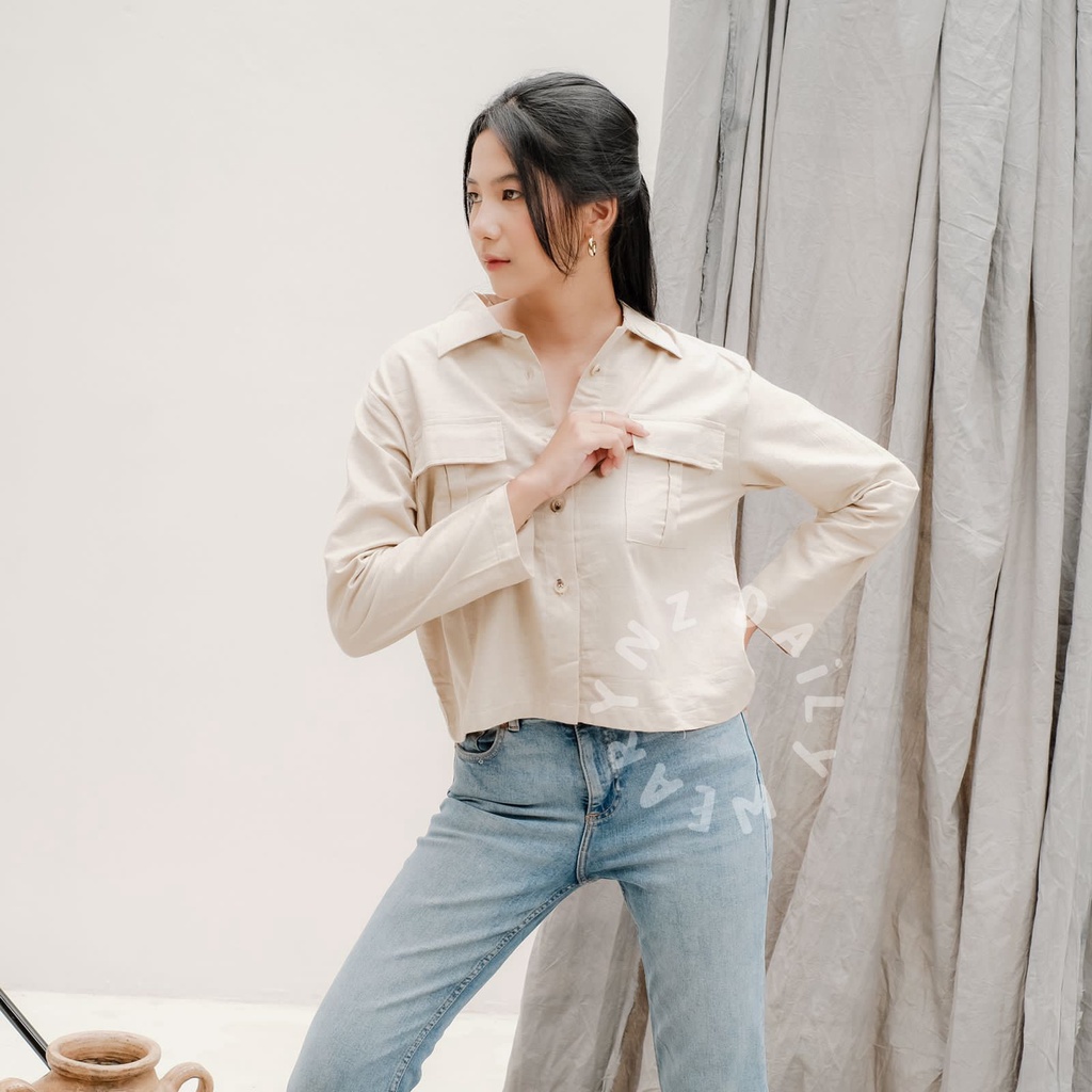 Kemeja Crop Linen Pocket Oversize Kemeja Crop Wanita Polos Atasan Wanita Terbaru