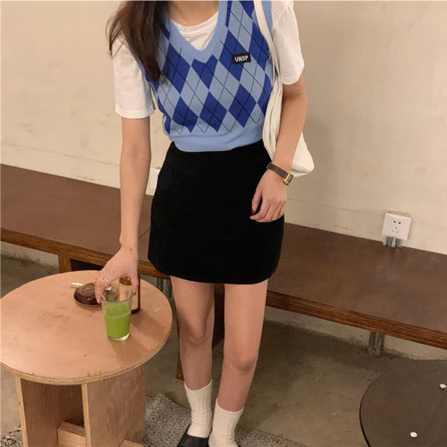 Student Preppy Style Blue Lattice ShortVNeck Vest+White Short SleeveTT-shirt