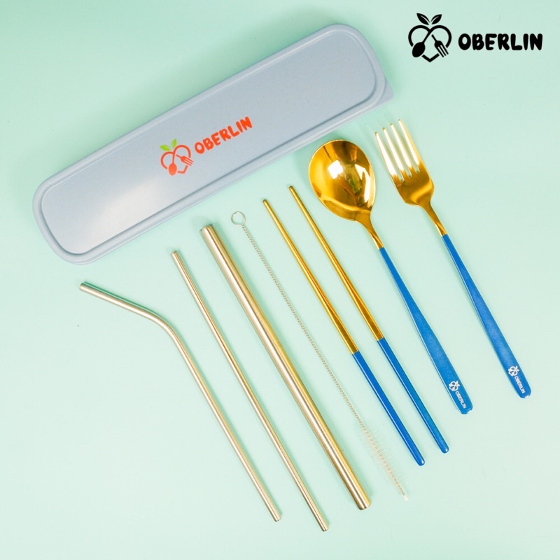 sendok korea set golden blue+sedotan stainless set