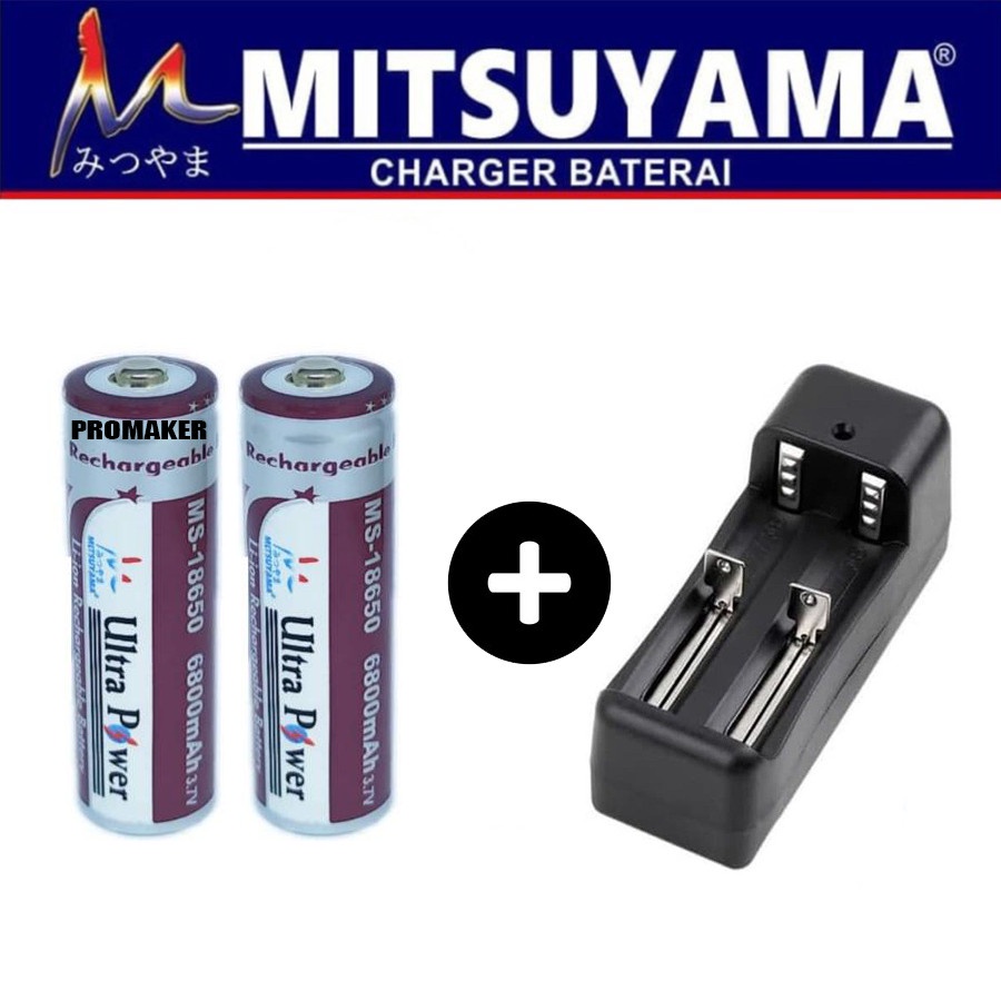 Mitsuyama Paket Charger CHG-18650 2 Slot + Baterai 18650 Li-ion 3.7v 6800mAh 2 Pcs Original