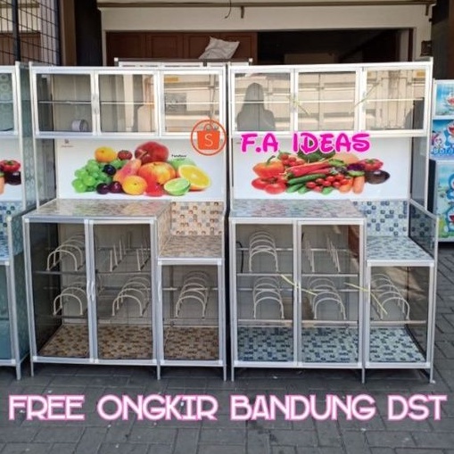 Lemari Piring 3 pintu Kaca Riben Full Alumunium Bawah keramik Keropi , hello kitty, Doraemon Bandung