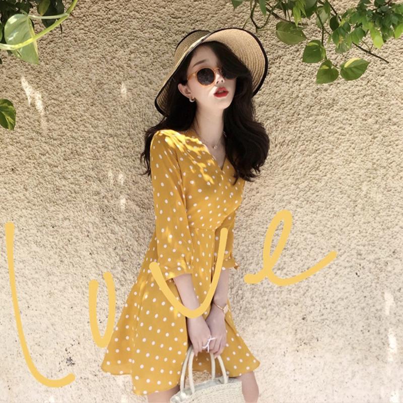 Korean chic loose slim short chiffon dress yellow Wave 