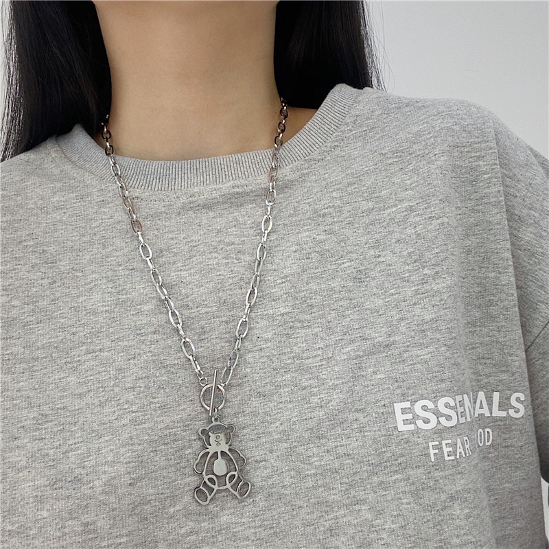 Kalung Rantai Desain Beruang Hollow Gaya Hip Hop Korea Untuk Aksesoris