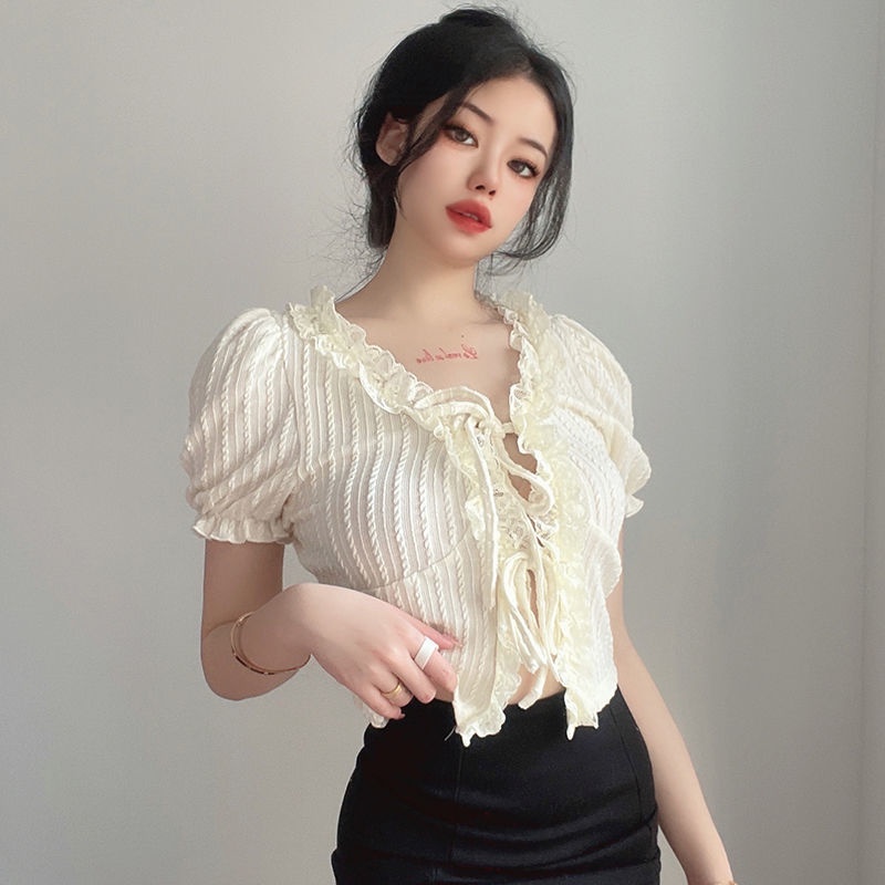 Rapcopter Gadis Renda Jamur Tepi Rajutan T-shirt Wanita Renda Lengan Puff Slim Fit dan Tipis Gadis P