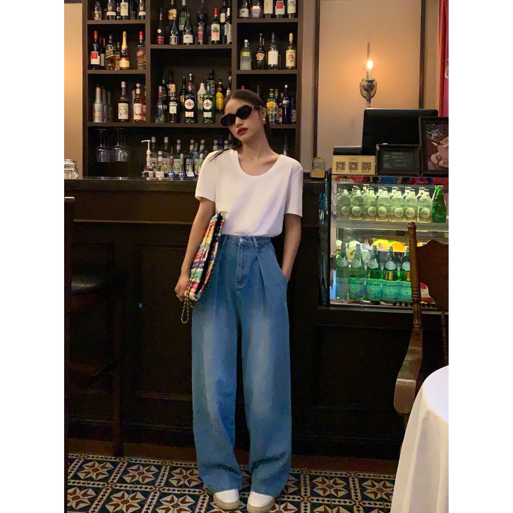 【COD】Biru retro highwaist kulot jeans Korean celana jeans wanita loose Import