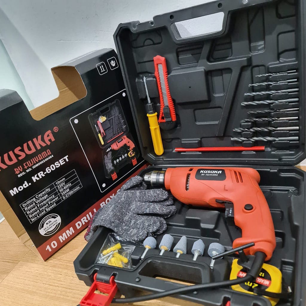 BOR MURAH RYU 10mm 13mm KOPER SET RYU KUSUKA Mesin Bor Impact Drill 10 mm 13 mm 27 PCS Beton Tembok KAYU BESI TEMBOK 2 ARAH Variable SPEED