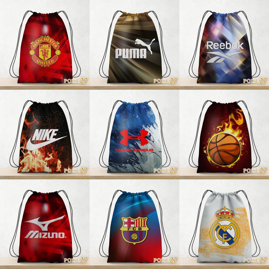 Tas Serut Fullprint Olahraga Ransel / String Bag Drawstring Basket Futsal Sepak Bola Renang Buku Sepatu Tennis Gym Fitness Sekolah Kuliah Klub Sepakbola (Manchester United City Arsenal Real Madrid Barcelona Chelsea)