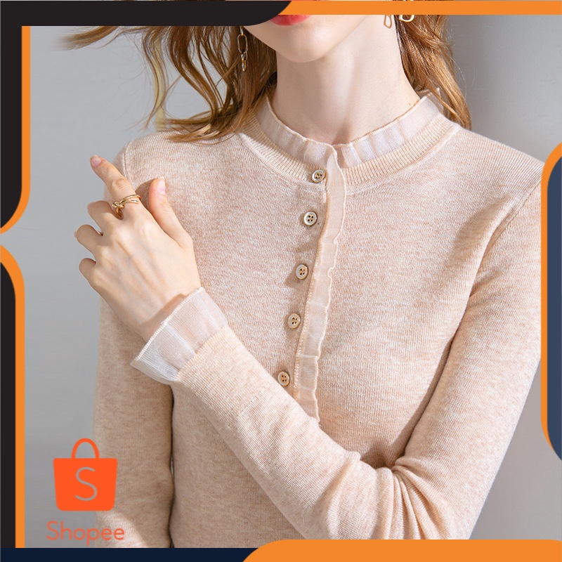 Leher Bulat Bottoming Kemeja  Wanita 2021     Lotus Daun Kerah Lengan Panjang Memakai Batin Kayu Tel