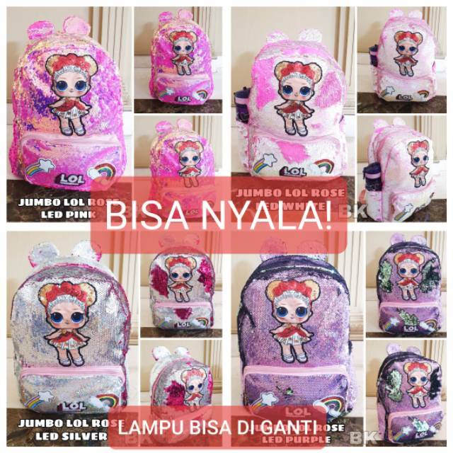 TAS RANSEL SEKOLAH LED LAMPU MOTIF LOL SEQUIN GLITTER IMPORT / JUMBO BAG / TAS SEKOLAH SD BESAR