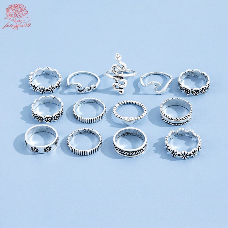 13pcs / set Cincin silver Bentuk Ular / Bunga / Gelombang Gaya Vintage Untuk Wanita