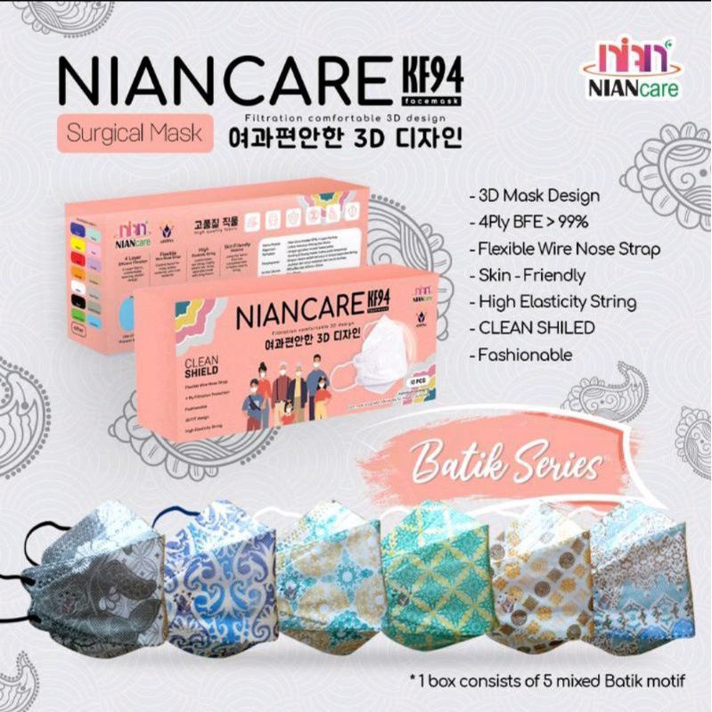 Masker Medis KF94 Nian Care Mix 5 Motif Batik Isi 10 Pcs 4 Ply Masker Dewasa Earloop