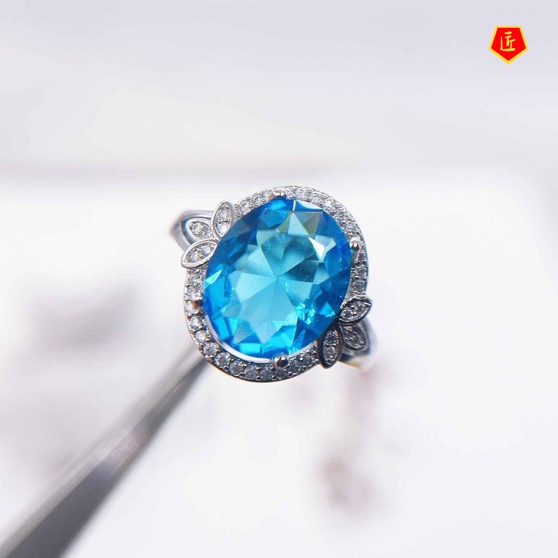 [Ready Stock]Simple Personality Pt950 Inlaid Topaz Blue Colored Gems Ring