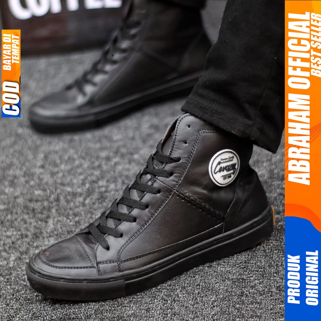 Sepatu Formal Kulit Asli Full Hitam Tali Pantofel Kerja Pria Abraham Dante High