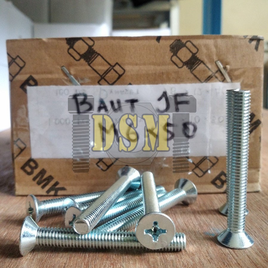 (100pcs) Galvanis Baut JF M6x50 / Machine Screw M6 Kepala Obeng Rata