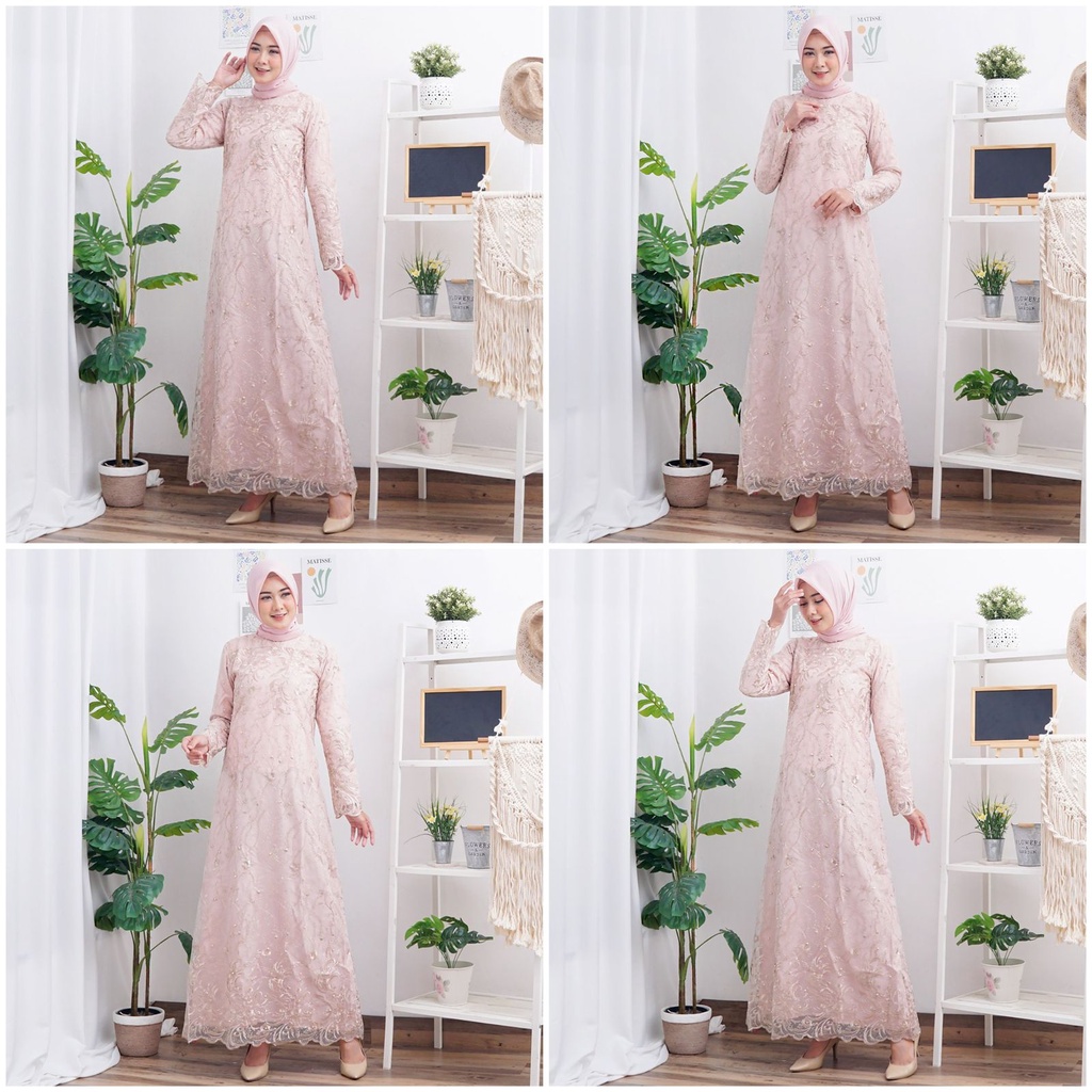 GAMIS BELLA FULL BRUKAT TILE BORDIR MUTIARA GLITTER MAXI DRESS PESTA MUSLIM