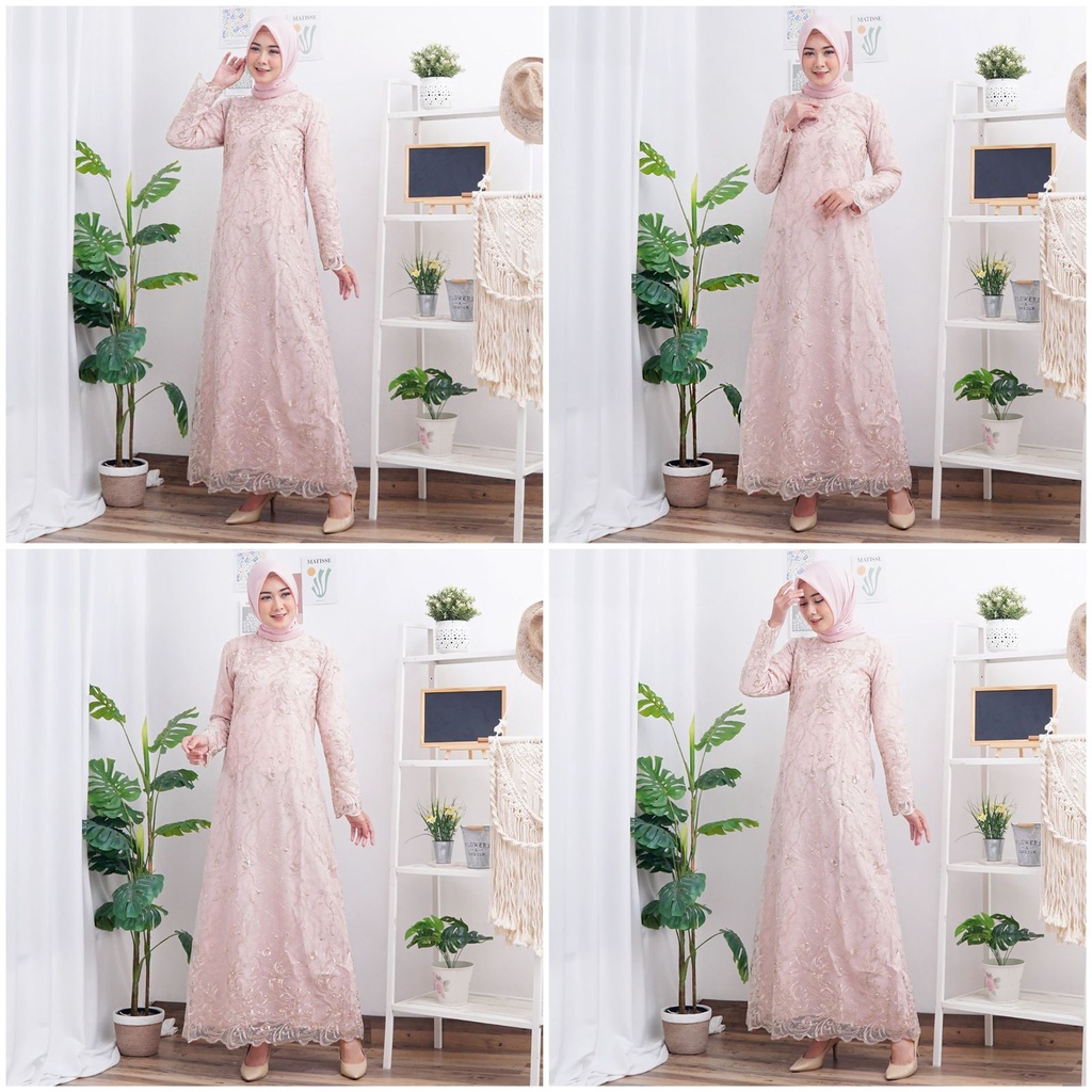 (FULL BRUKAT TILE) GAMIS BELLA FULL BRUKAT TILE BORDIR MUTIARA GLITTER MAXI DRESS PESTA MUSLIM