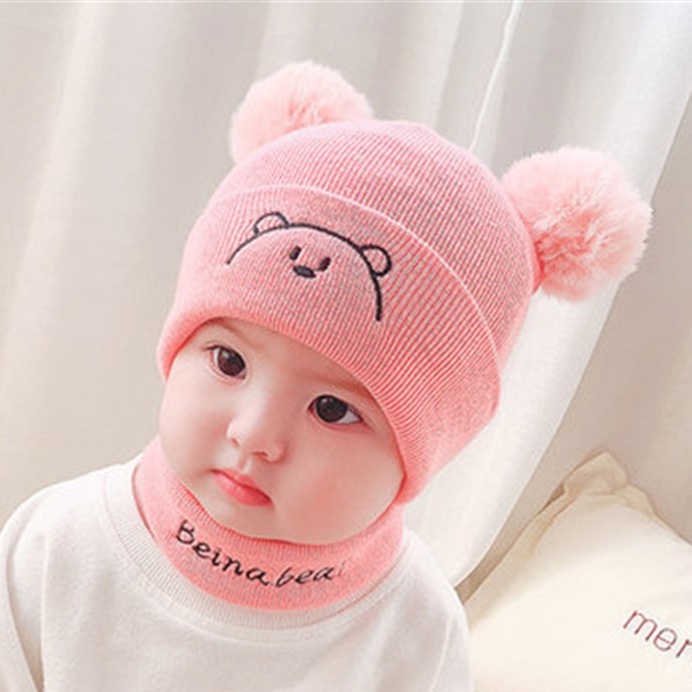 Topi Bayi Laki Laki Perempuan Bordir Beruang Model Kupluk Pompom Usia 0 3 6 bulan umur 1 2 3 Tahun thn Murah Lucu Newborn Baru lahir Bordir