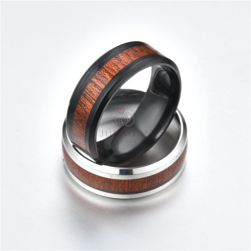 [UKIR NAMA] Cincin Titanium Pria Black/Silver Wood Ring BONUS Gelang