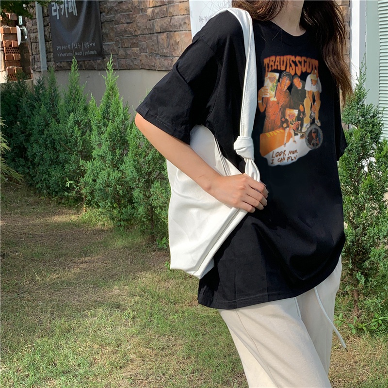 Kaos Oversize Rabbit Tas T-shirt Korean Style/Tshirt Wanita Oversize Tee Model Longgar Motif/T-shirt lengan pendek setengah panjang gaya longgar dan malas Korea kaos hitam oversize