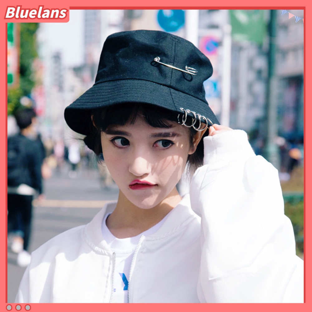 bluelans♘ Topi Bucket Fisherman Lipat Aksen Peniti+Cincin Besi untuk Outdoor