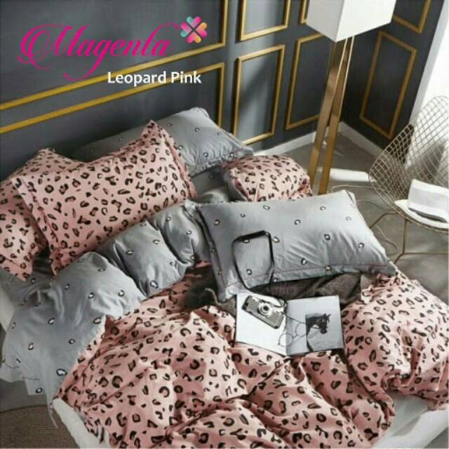 Sprei set dan badcover set katun lokal MAGENTA motif Leopard Pink dan leopard putih