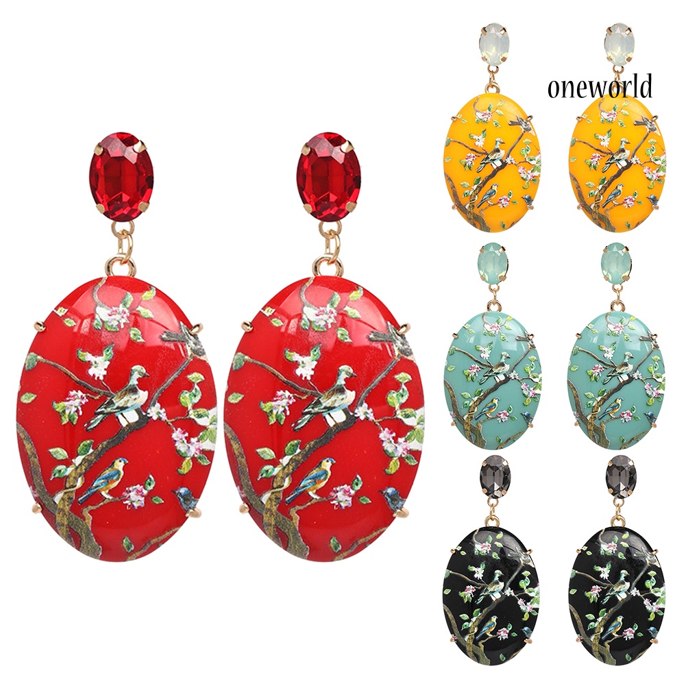 OW@ Vintage Women Resin Oval Dangle Earrings Hand Painted Flower Bird Party Jewelry