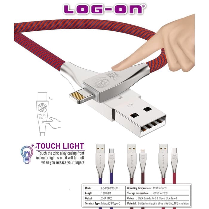 KABEL DATA TOUCH LIGHT LO-CB60 LIGHTNING IOS 2.1A FAST CHARGING NYLON CABLE LOG-ON