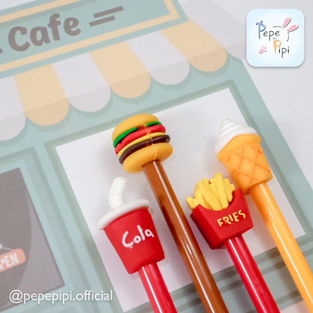 4 &amp; 12 pcs Pena Junk Food Burger Soda Cola Es French Fries Pen Pulpen Bolpen Karakter Selusin