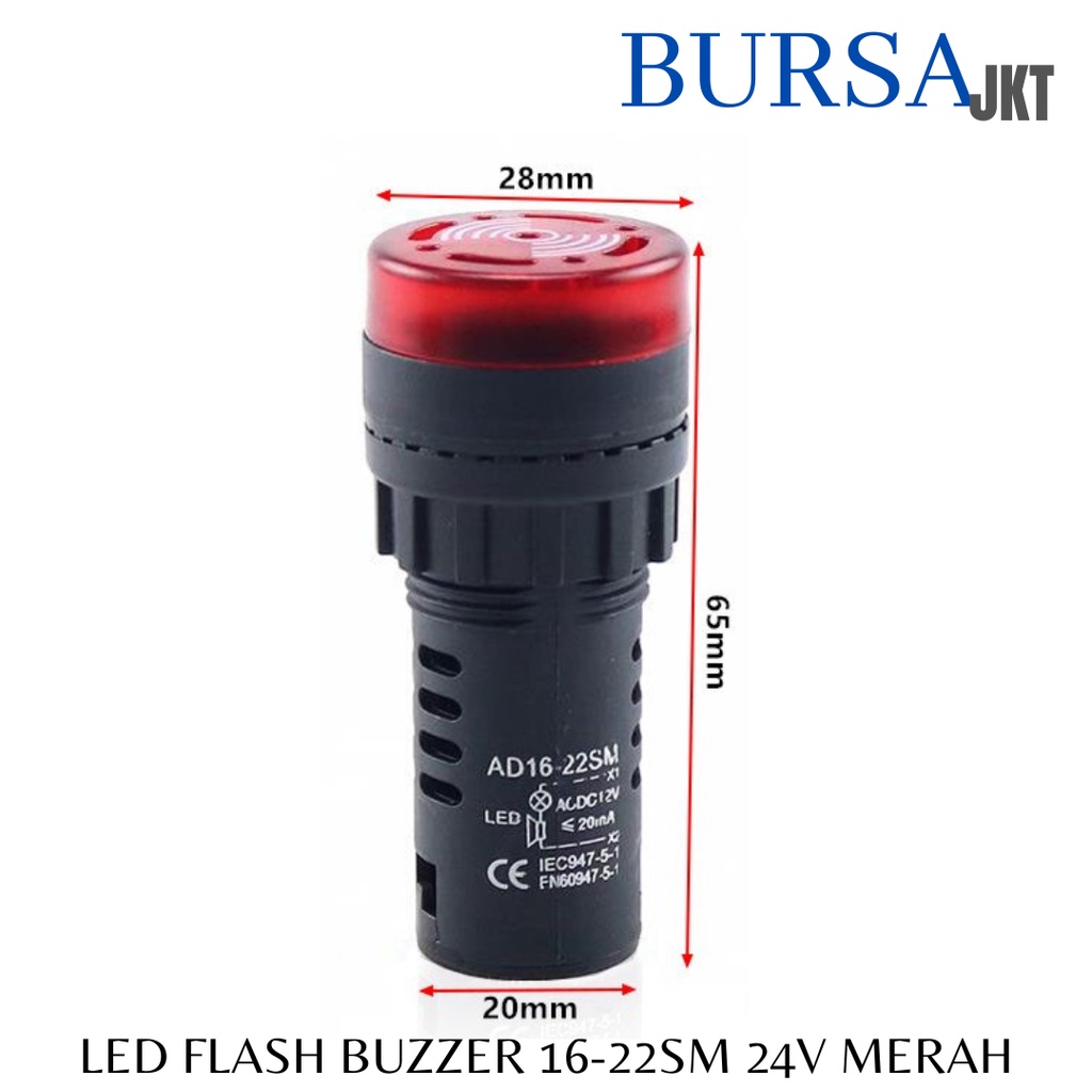 LAMPU FLASH BUZZER LED PILOT BEEPER ALARM SIGNAL AD 16-22SM 24V