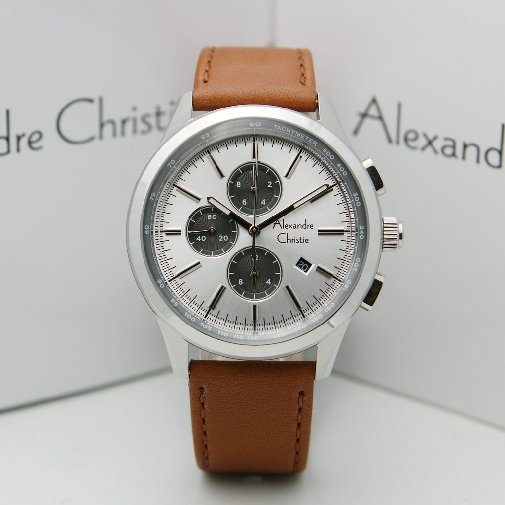 Jam Tangan Pria Alexandre Christie AC 6557 MC LSSSL Chronograph Silver Leather Brown Original