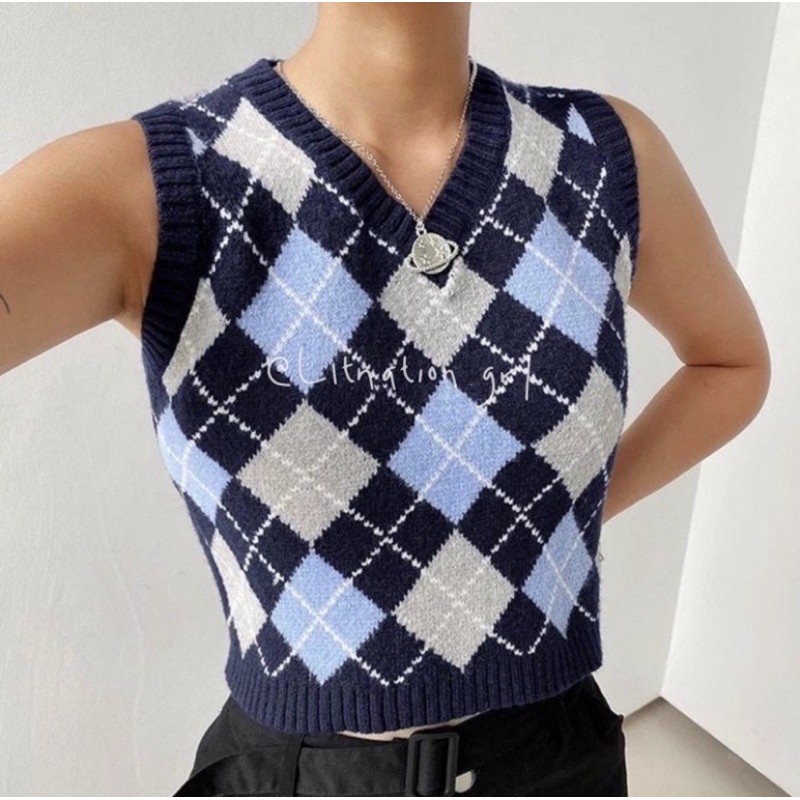 DENNA CROP KNIT TOP PREMIUM RAJUT BRANDY MELVILLE ORIGINAL VEST ROMPI NAVY argyle vest new blue
