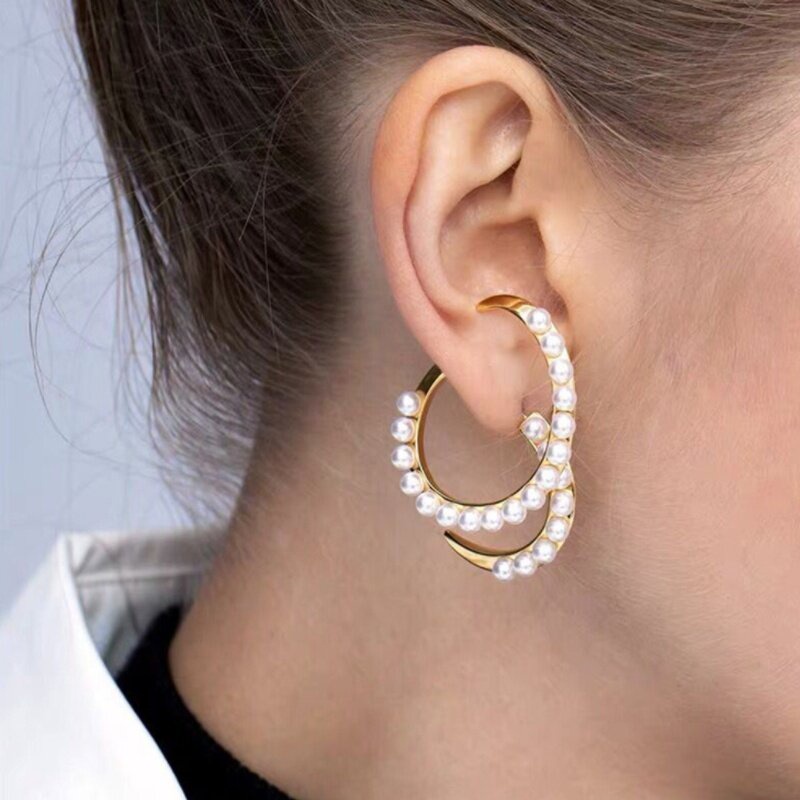 2022 Anting Tusuk Desain Geometri spiral Asimetris Hias Mutiara Gaya Eropa Amerika Untuk Wanita