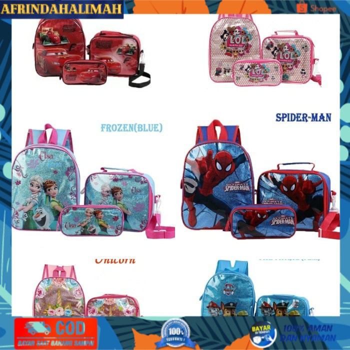 

[TERBARU] set tas sekolah anak SD karakter frozen spiderman lol cars unicorn