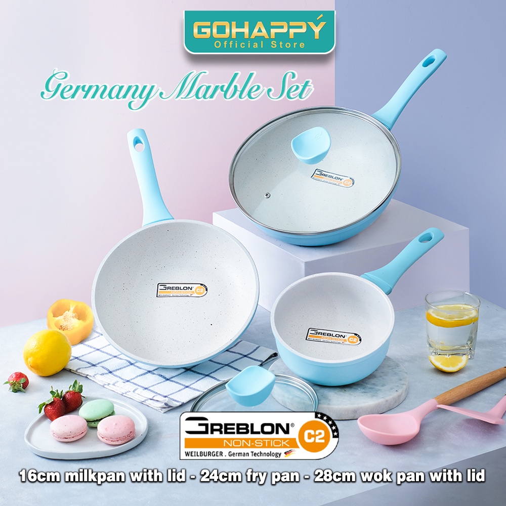 PANCI WOK GLOW PAN Germany Marble 28 cm Gohappy pastel warna pink tosca color GH-G77