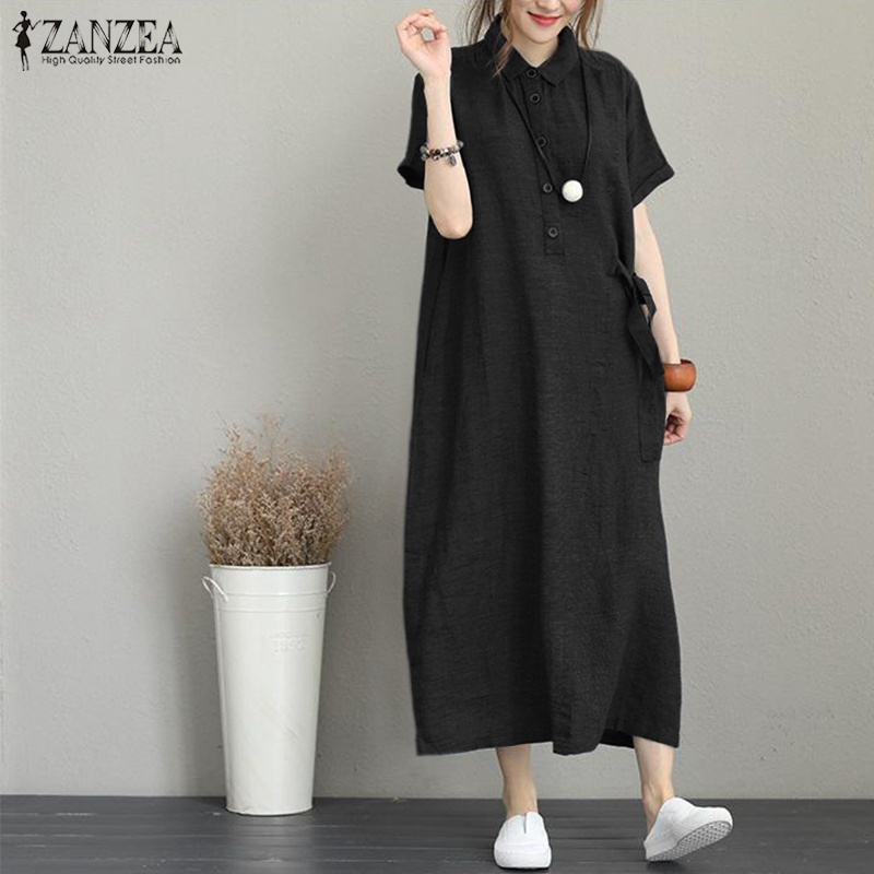 ZANZEA Womens Retro Short Sleeve Buttons Down Baggy Maxi Dress