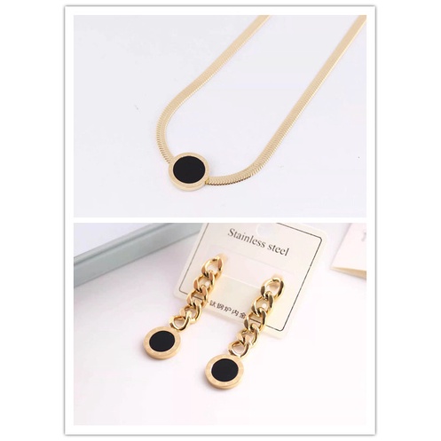 Set Titanium Kalung Dan Anting Permata Hitam Perhiasan Fashion 4510