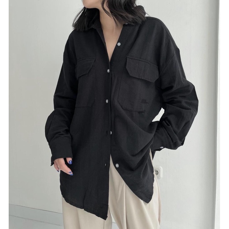 SIVALI Kemeja Oversize Linen Wanita Double Pocket | Linen Shirt - Atasan Lengan Panjang 3304