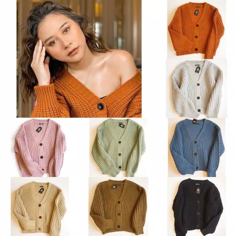 Prilly kardigan krop kancing rajut premium tebal 7get / Knit crop cardy premium 7Gauge