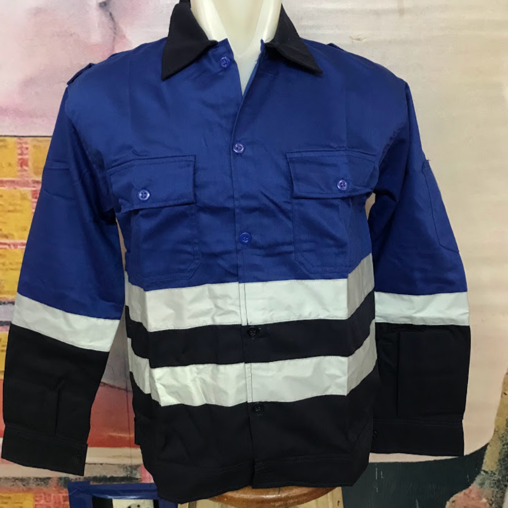 Baju Safety Atasan Kombinasi Biru BCA dan Biru Navy / Baju Safety Kombinasi Murah