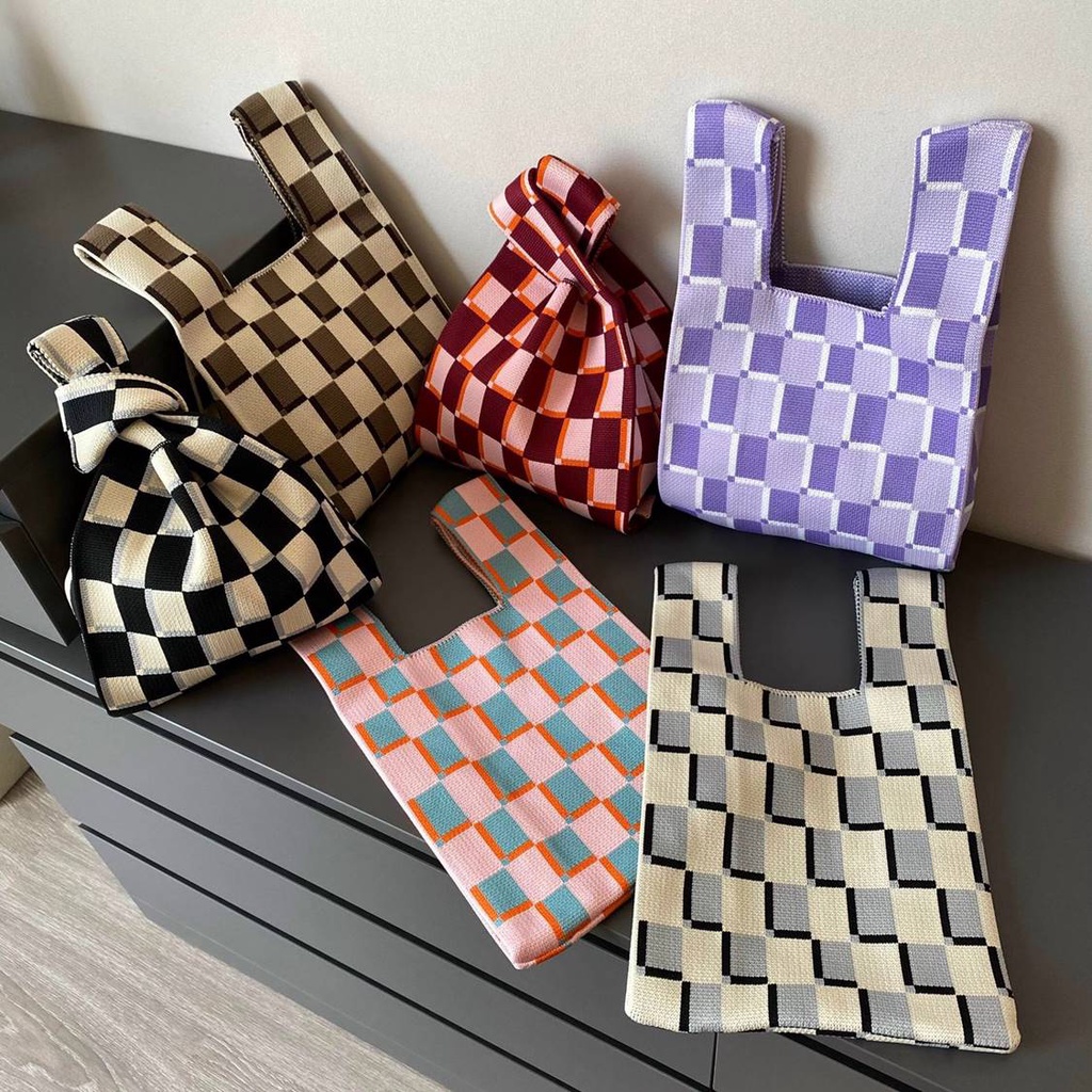 Tas BUFFOLLOW Vacay Tote Bag - Tas BUFOLLOW BUFFOLOW BAG VIRAL THAILAND - BENE Korean Knitted Checkered Tote Bag Tas Rajut Korea