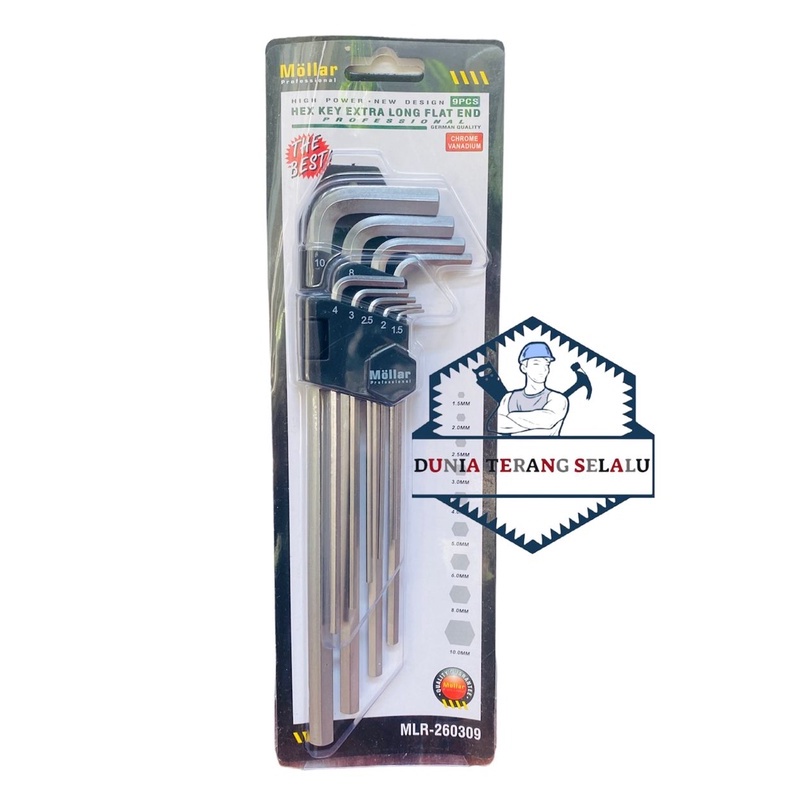 Kunci L Set Hex Hex MOLLAR 9 Pcs Panjang Segi 6 Segi Enam - L Hex Key Extra Long Flat End MLR-260309