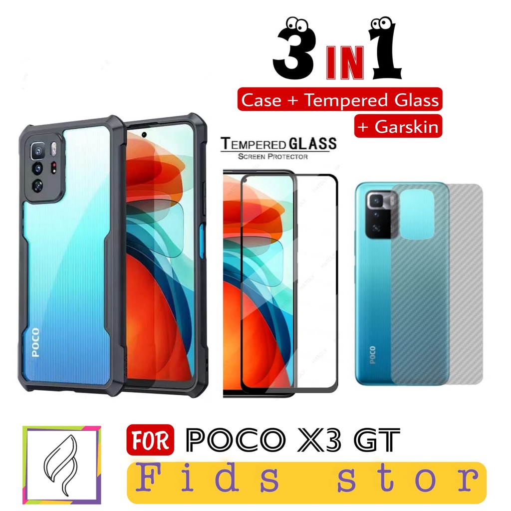 PROMO 3in1 XIAOMI POCO X3 GT Case Fusion Xundd + Tempered Glass Full Cover Black + Garskin Carbon